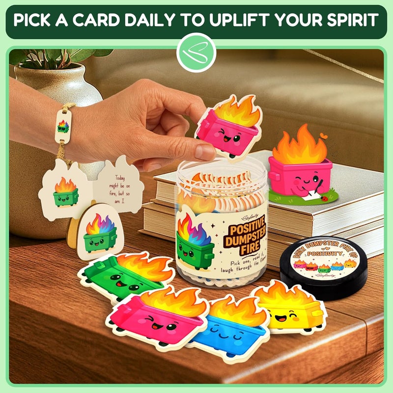 STOFINITY 60 Positive Dumpster Fire Cards, Zen Garden Dumpster Fire Desk Accessories, Funny Coworker Gifts For Women, Cute Valentine Gifts For Coworkers, Friend, Daily Affirmation Jar For Office Decor - Image 4